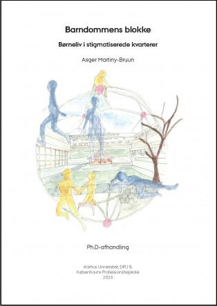 Cover page for thesis. Shows abstract figures of children walking in front of some apartment buildings