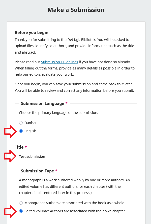 Screenshot showing the creation of a new submission.