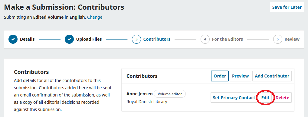 Screenshot showing the filling out of contributors.