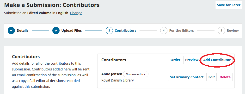 Screenshot showing the filling out of contributors.