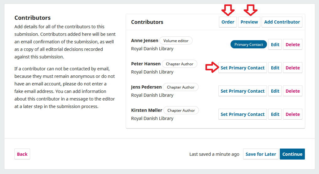 Screenshot showing the filling out of contributors.