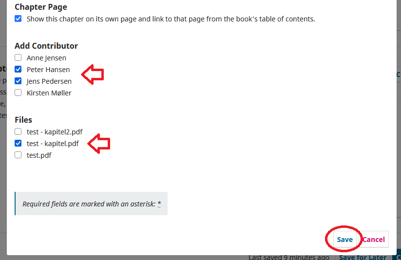 Screenshot showing authors and files for a chapter.