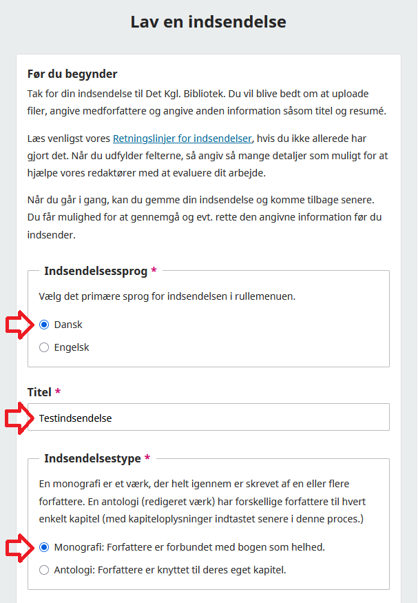 Skærmbillede der viser oprettelsen af en ny indsendelse.