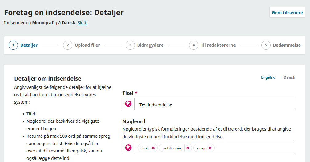 Skærmbillede der viser udfyldning af oplysninger.