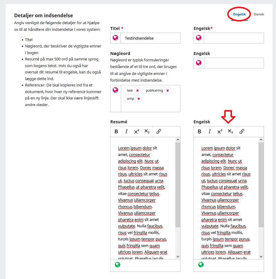 Skærmbillede der viser udfyldning af oplysninger på dansk og engelsk.