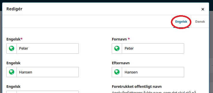Skærmbillede der viser udfyldning af oplysninger om en bidragyder på dansk og engelsk.