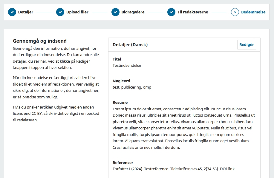 Skærmbillede der viser sidste trin hvor alle oplysninger kan gennemses.