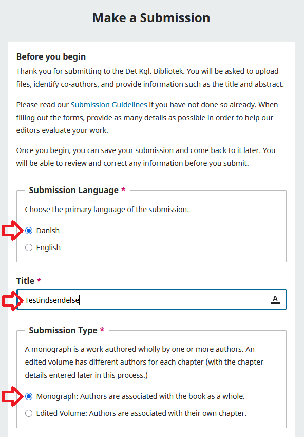Screenshot showing the creation of a new submission.