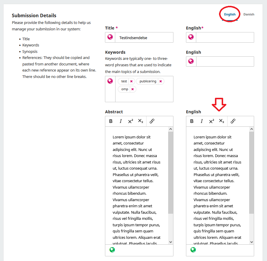 Screenshot showing the filling out of information in Danish and English.