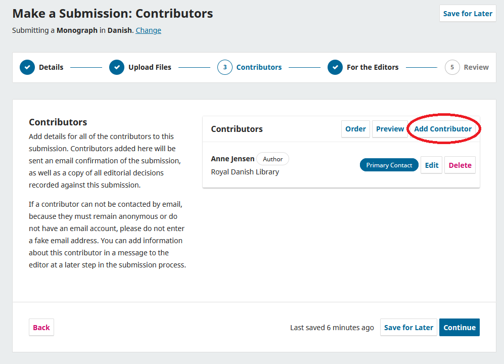 Screenshot showing the filling out of contributors.