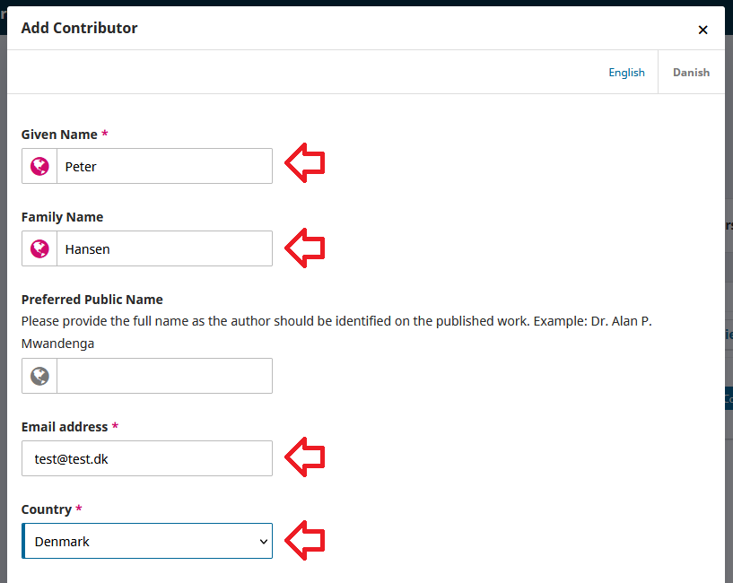 Screenshot showing the filling out of information about a contributor.