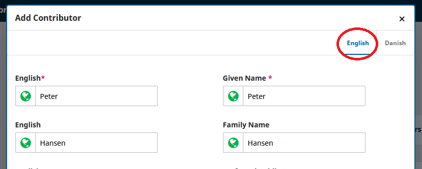 Screenshot showing the filling out of information about a contributor in Danish and English.