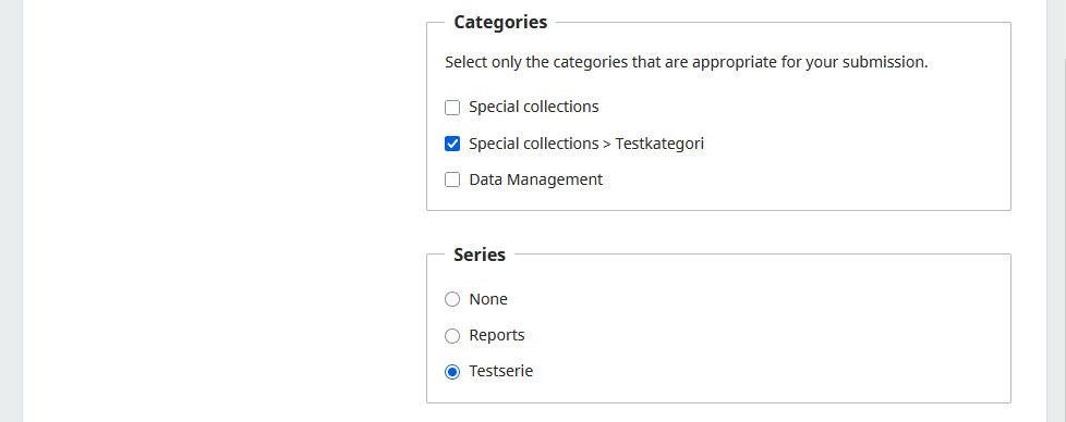 Screenshot showing the filling out of category and series.
