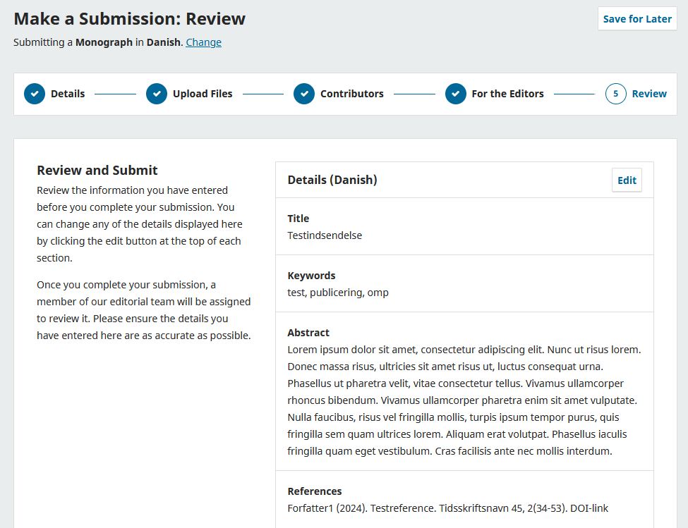 Screenshot showing the final step where all information can be reviewed.