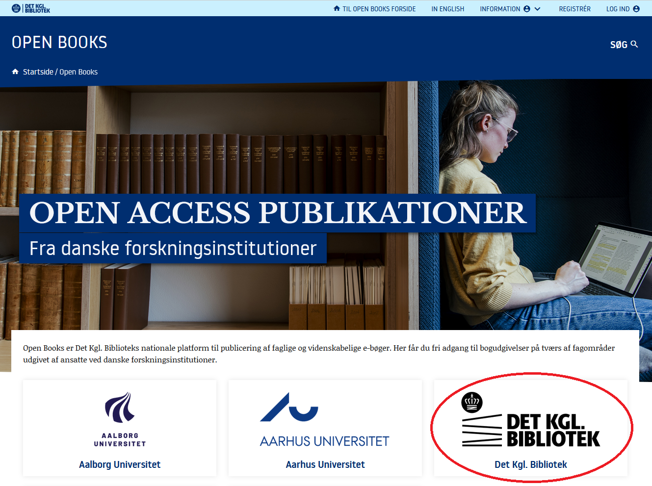 Skærmbillede der viser Open Books’ forside med tre forskellige institutioner.