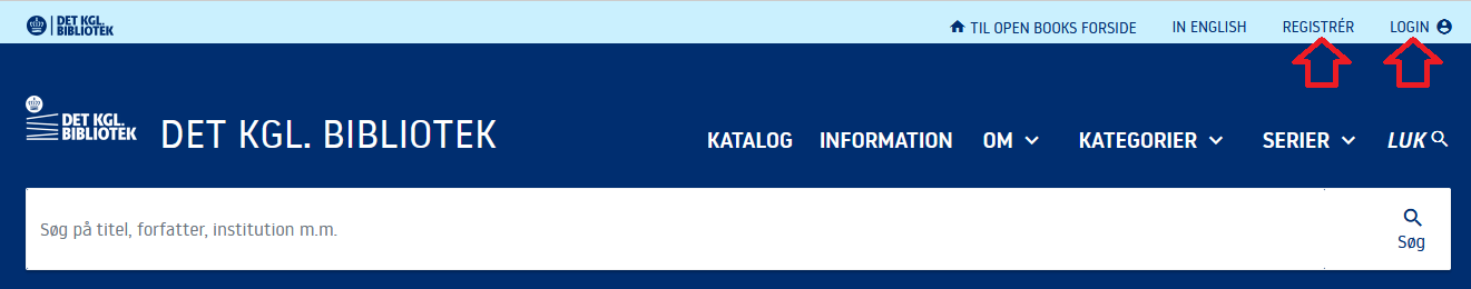 Skærmbillede der viser Registrér og Login i menuen for oven.
