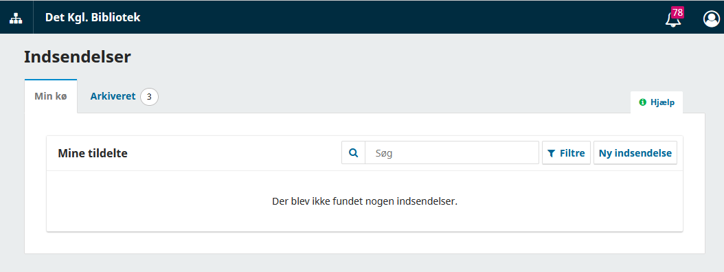 Skærmbillede der viser betjeningspanelets overblik over indsendelser.