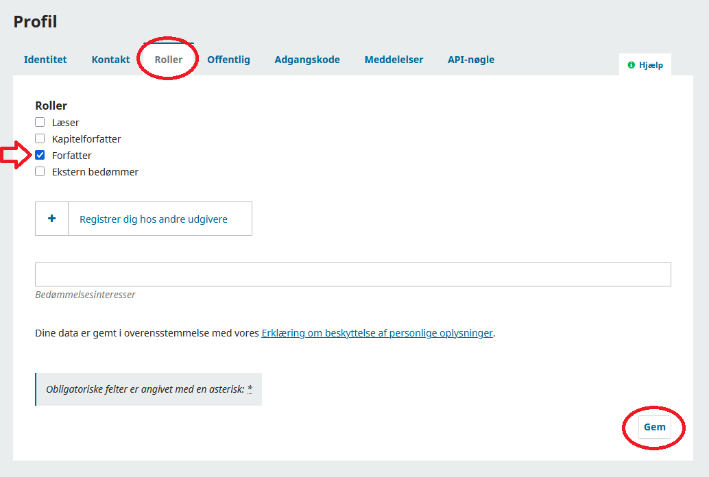Skærmbillede der viser en brugers menu for roller.