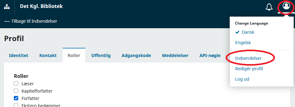 Skærmbillede der viser brugermenuen med Indsendelser markeret.