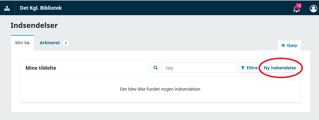 Skærmbillede der viser betjeningspanelet og knappen Ny indsendelse er markeret.