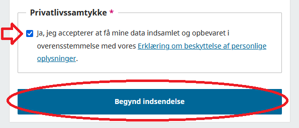 Skærmbillede der viser accept af privatlivsvilkår