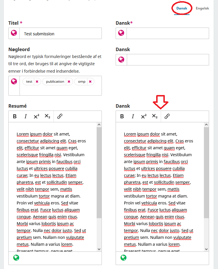 Skærmbillede der viser udfyldning af oplysninger på dansk og engelsk.