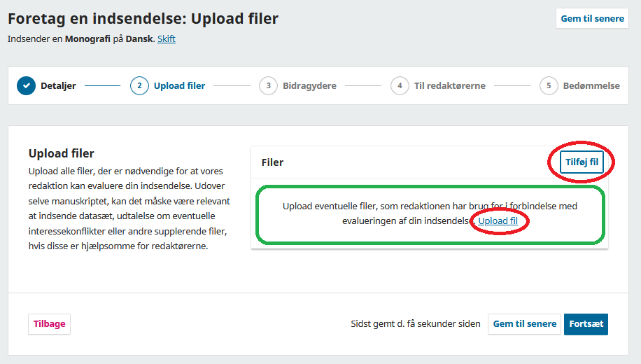 Skærmbillede der viser upload af filer.