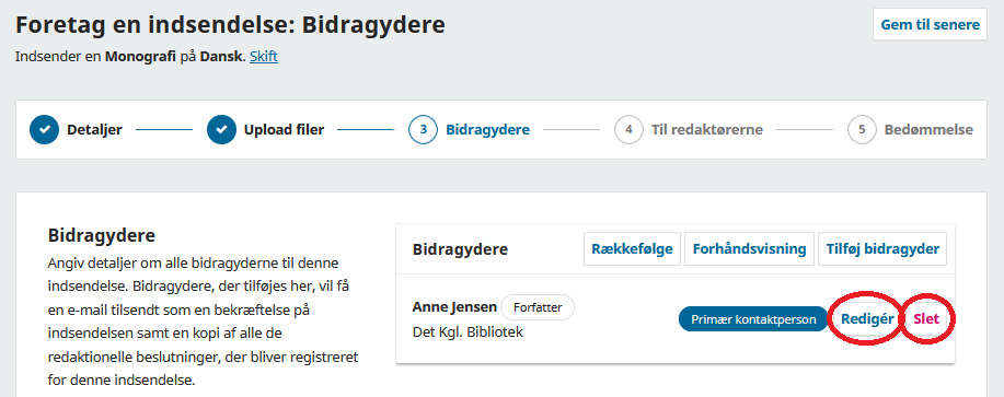 Skærmbillede der viser udfyldning af bidragydere.
