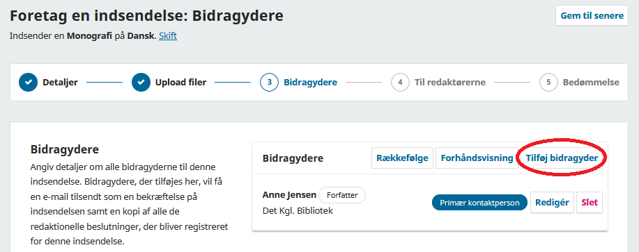 Skærmbillede der viser udfyldning af bidragydere.