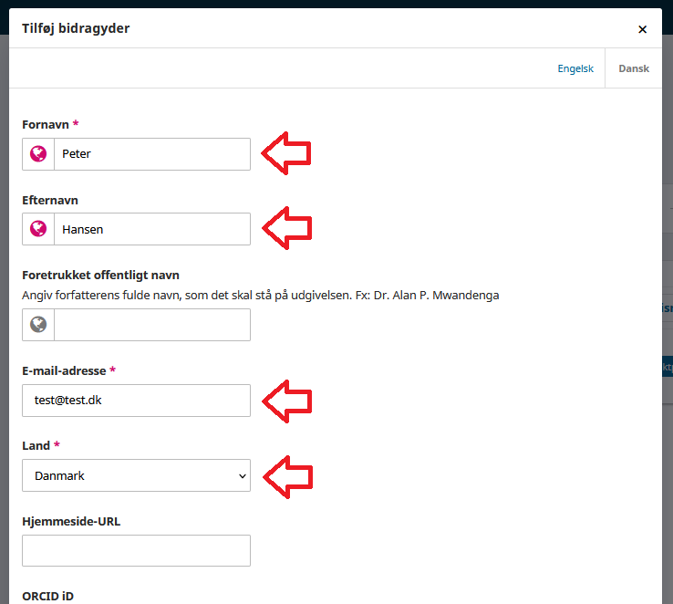 Skærmbillede der viser udfyldning af oplysninger om en bidragyder.
