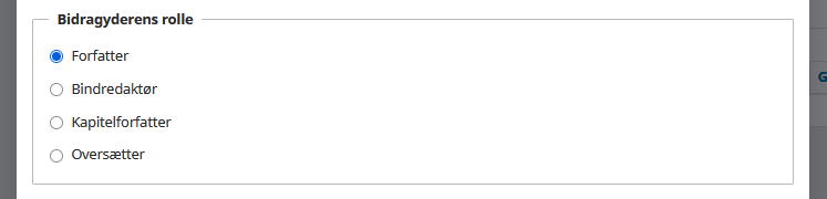 Skærmbillede der viser udfyldning af bidragyderens rolle.