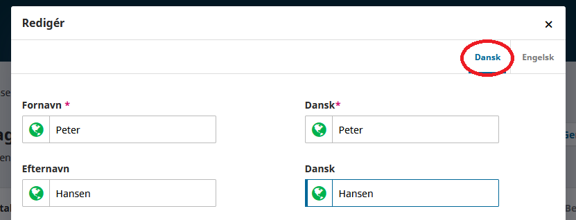 Skærmbillede der viser udfyldning af oplysninger om en bidragyder på dansk og engelsk.