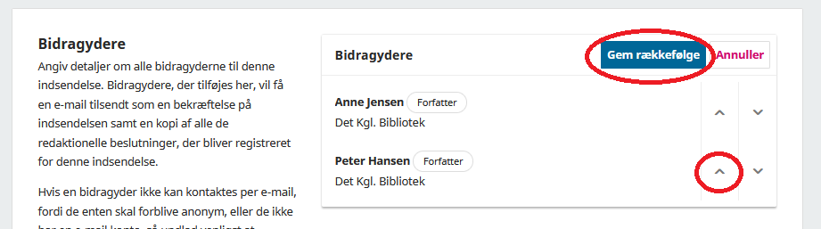 Skærmbillede der viser ændring af rækkefølgen af bidragydere.