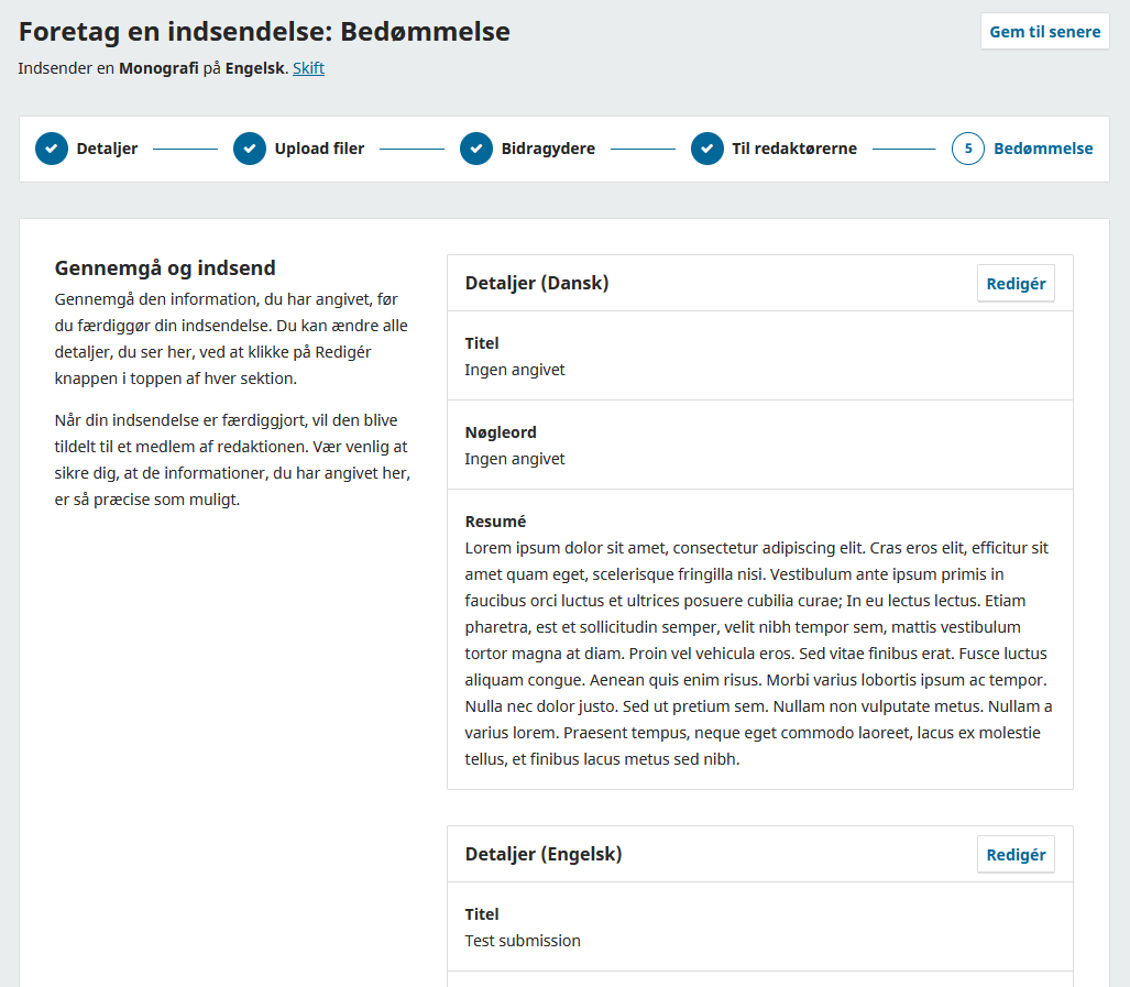 Skærmbillede der viser sidste trin hvor alle oplysninger kan gennemses.