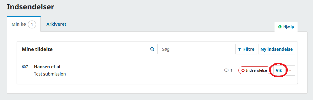 Skærmbillede der viser betjeningspanelet med overblik over indsendelser.