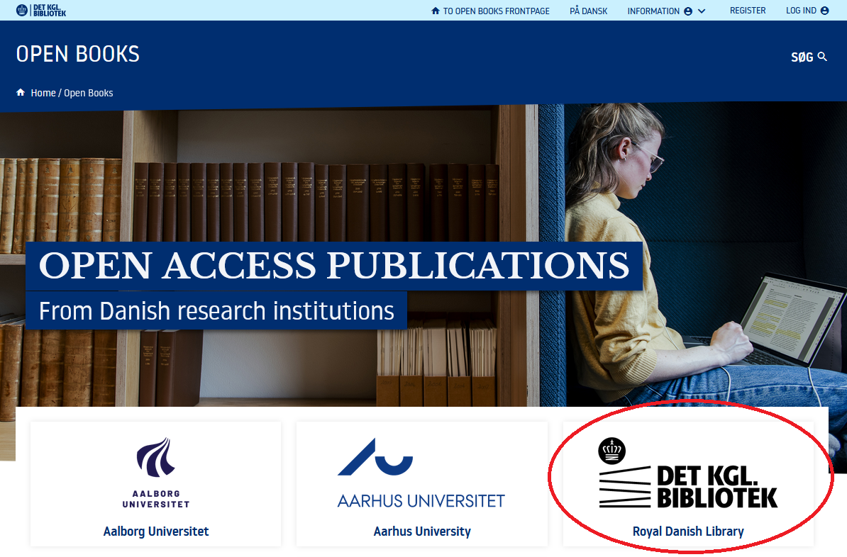 Screenshot showing Open Books' homepage with three different institutions.