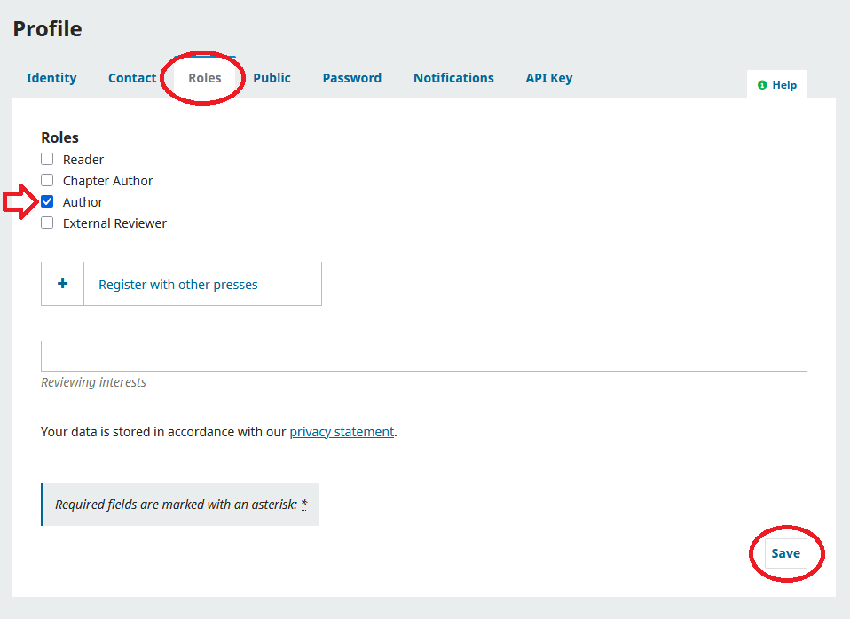Screenshot showing a user’s menu for roles.