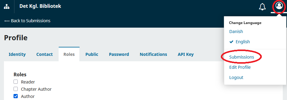 Screenshot showing a menu where Submissions is highlighted.