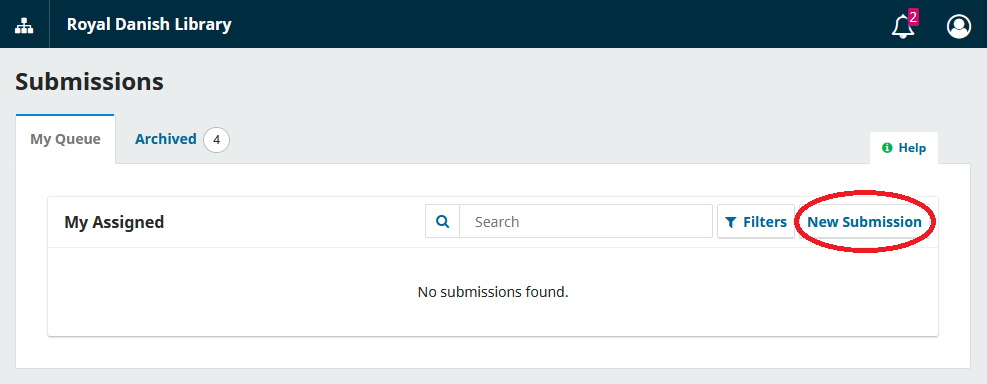 Screenshot showing the dashboard with the New Submission button highlighted.
