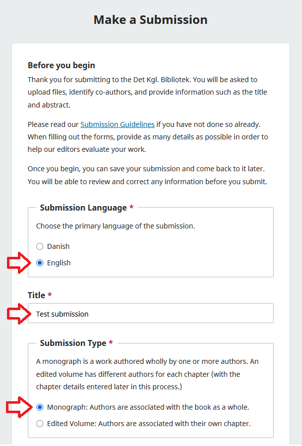 Screenshot showing the creation of a new submission.