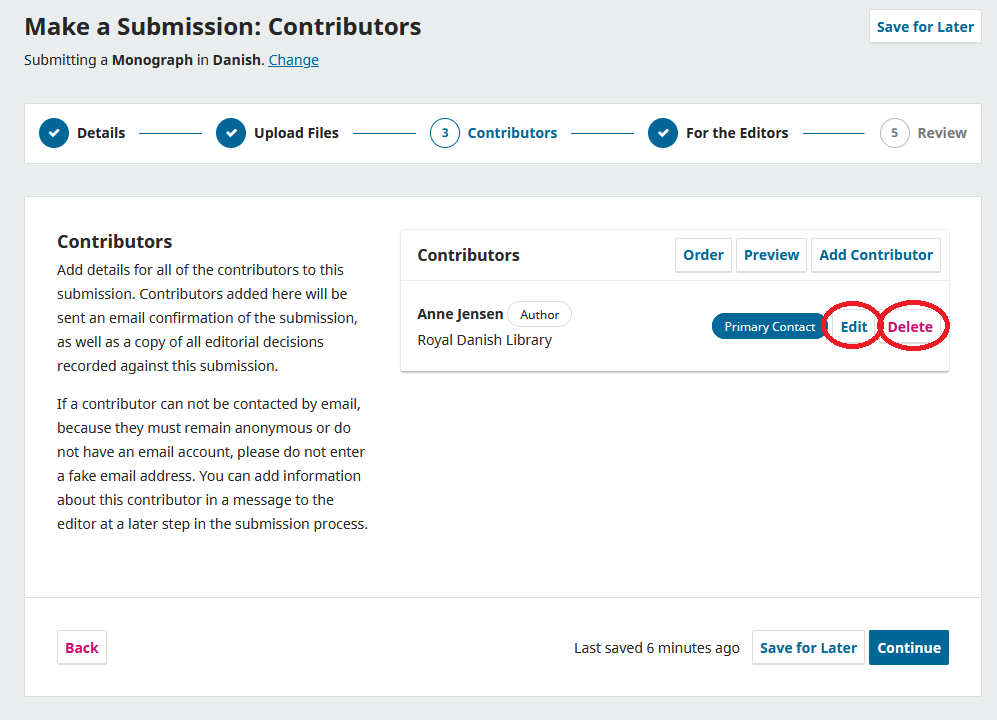 Screenshot showing the filling out of contributors.