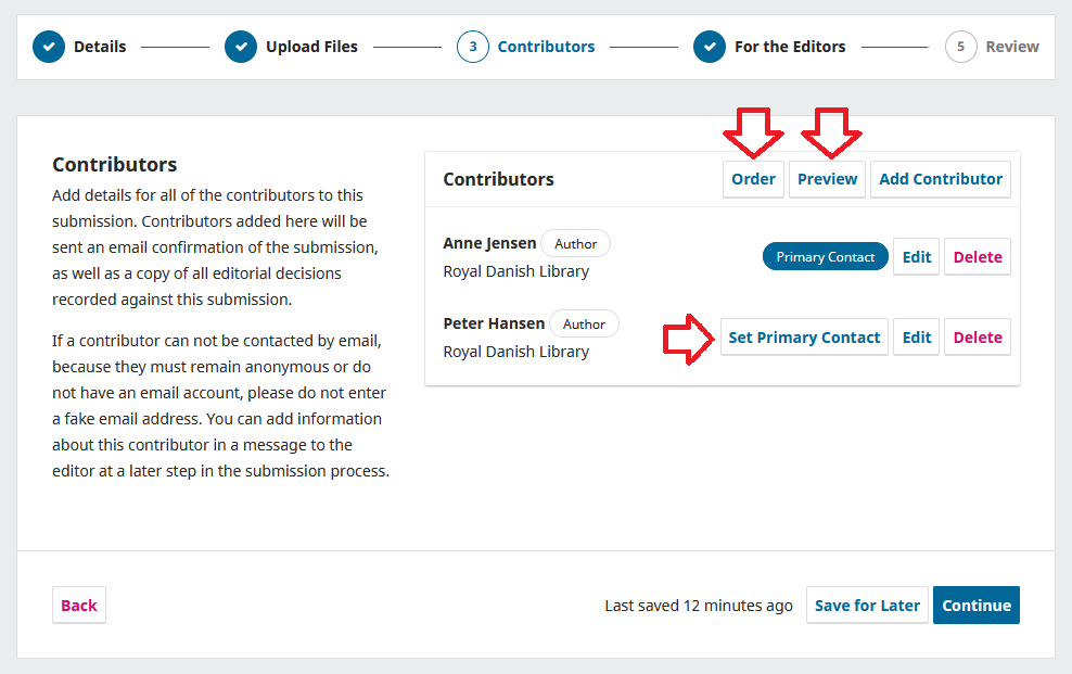 Screenshot showing the filling out of contributors.