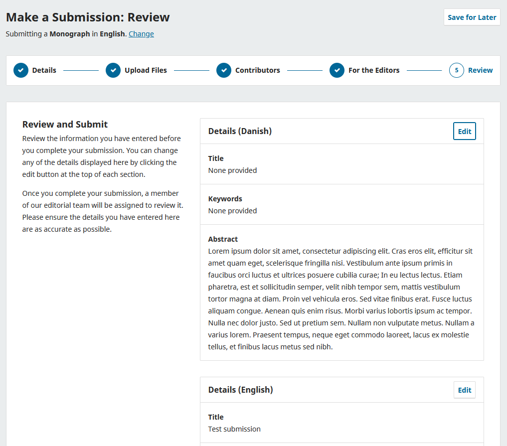 Screenshot showing the final step where all information can be reviewed.