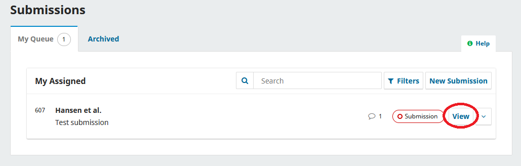 Screenshot showing the dashboard with an overview of submissions.